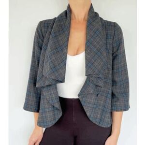 CAbi Blue Gray Plaid Draped Waterfall Collar Blazer Jacket Button Front size 4